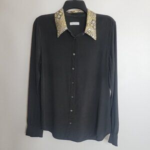 Blouse EQUIPMENT FEMME Large Black Silk Button Up Long Sleeve Contrast Collar